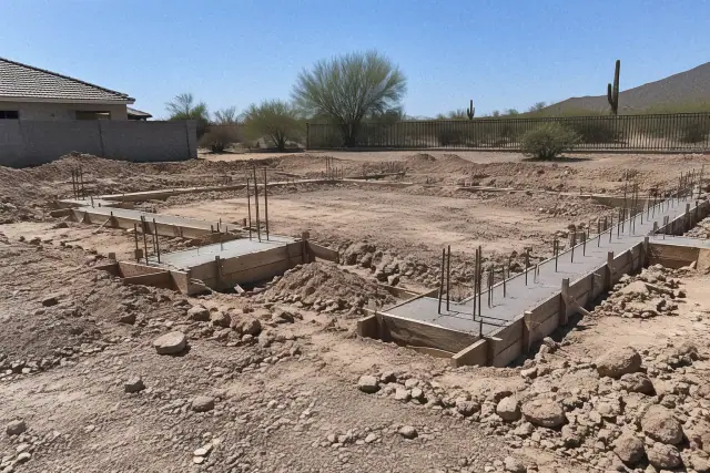 Foundation excavation and building pads with concrete footing forms in Mesa, AZ.