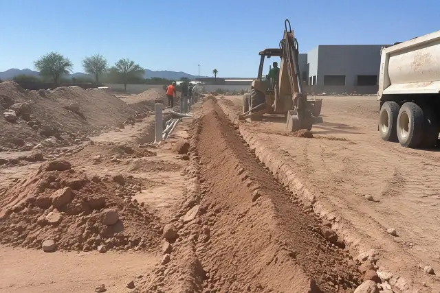 Backfilled utility conduit trench and trenching equipment at a commercial jobsite in Mesa, AZ.