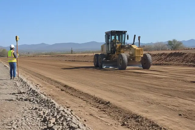 Motor grader smoothing a dirt surface for compaction and drainage in Mesa, AZ.