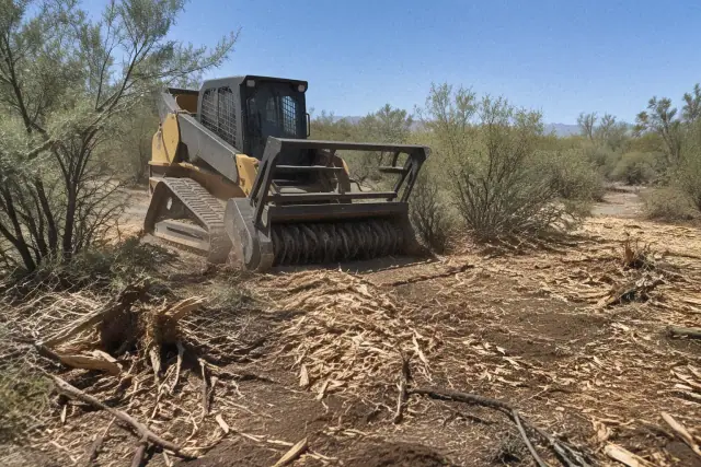 Heavy forestry mulcher clearing dense brush and small trees on a rugged land lot in San Tan Valley, AZ.