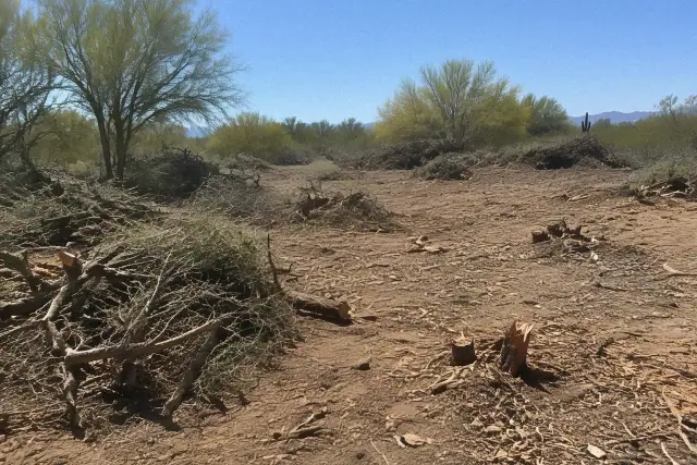 Land clearing prep on a rugged desert plot with chipped brush and root stumps in Queen Creek, AZ.