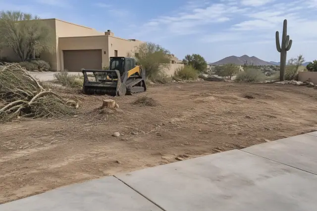 Heavy forestry mulcher clearing dense brush on an arid hillside in Fountain Hills, AZ.