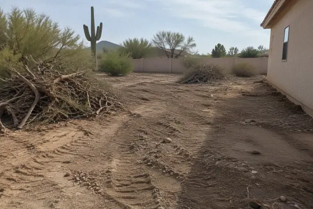 Land clearing in progress on an overgrown desert plot with chopped branches in Chandler, AZ.