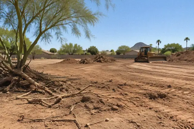 Forestry mulcher clearing brush and small trees on a rugged desert plot in Tempe, AZ.