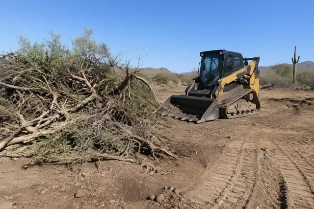 Tracked equipment and cleared debris on desert caliche soil during land clearing in Mesa, AZ.