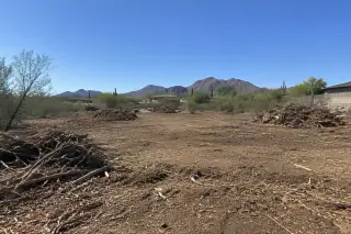 Wide view of cleared desert land with mulch piles and creosote bushes in Mesa, AZ.