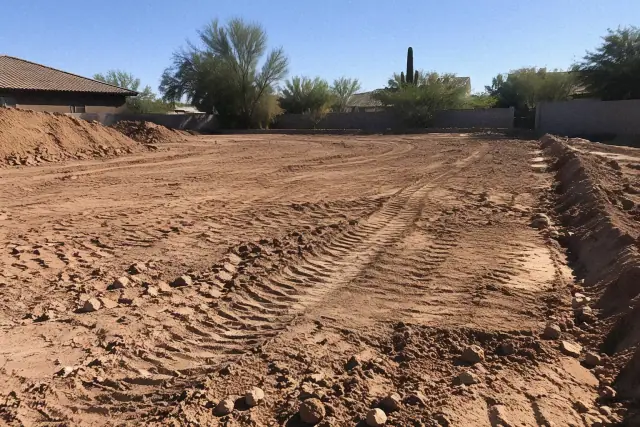 Land clearing, grading, and drainage work on caliche soil at a residential property in Mesa, AZ.