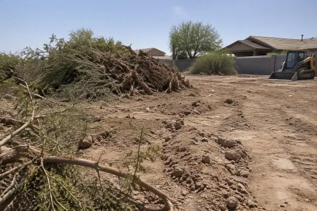 Land clearing and root removal for site preparation at a residential lot in Mesa, AZ.