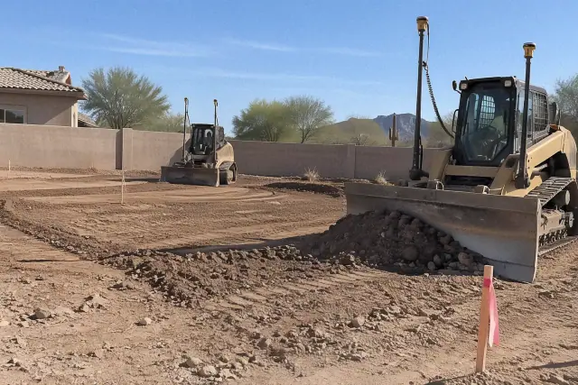 Laser and GPS finish grading for site preparation at a residential property in Mesa, AZ.