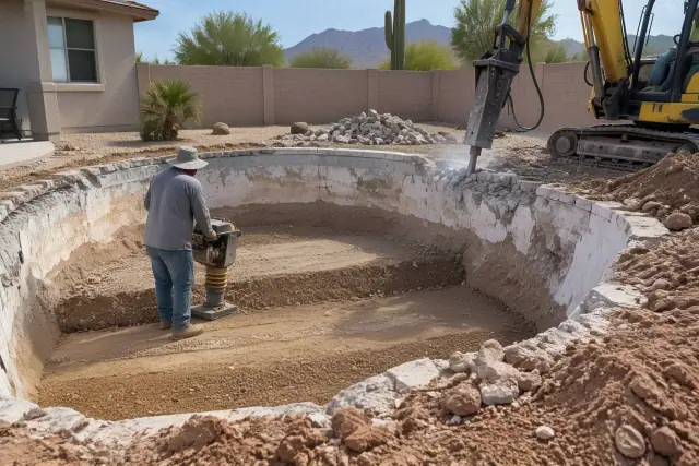 Hydraulic breaker pulverizing a concrete pool shell and compacting backfill in Mesa, AZ.