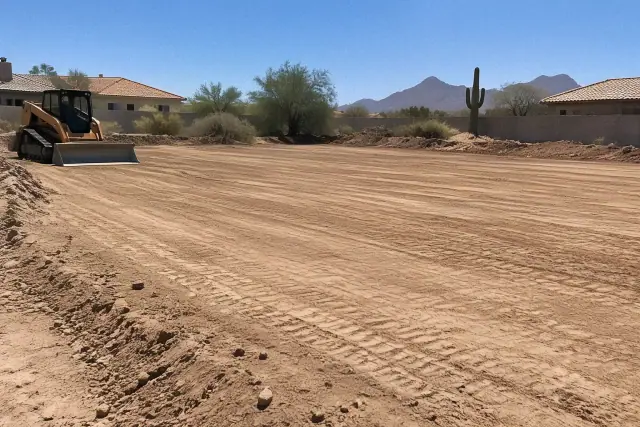 Lot leveling and rough grading for land clearing at a residential property in Mesa, AZ.