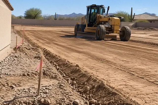 Freshly graded dirt and survey stakes at a residential site in Mesa, AZ.