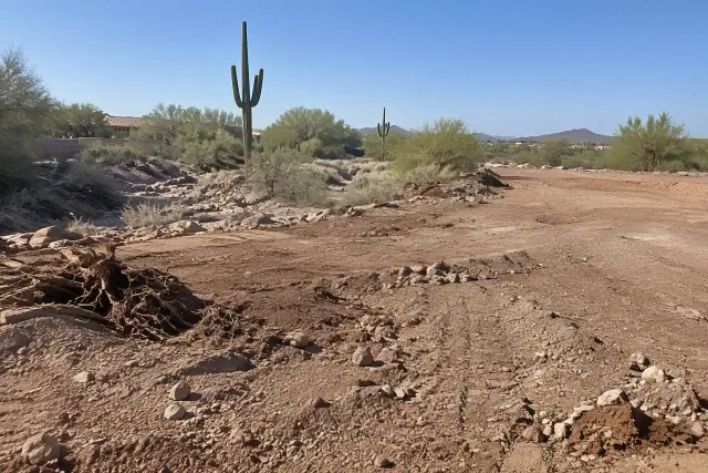 Heavy forestry mulcher clearing dense brush and small trees from an overgrown desert lot in Mesa, AZ.