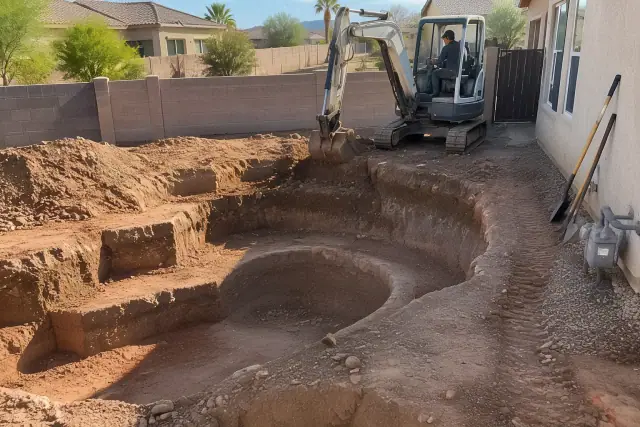 Mini excavator digging a pool shape in a tight residential backyard in Mesa, AZ.