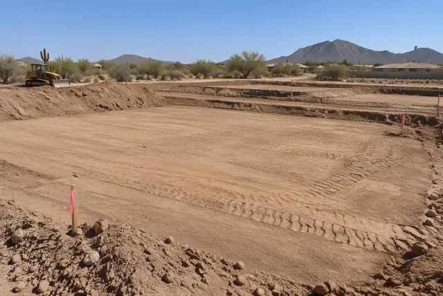 Contractor progress photo of a compacted building pad for foundation excavation in Mesa, AZ.