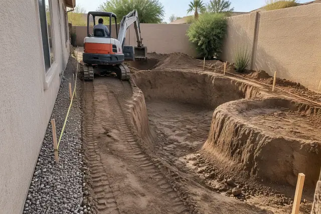 Compact pool excavator in a tight Mesa, AZ side yard with desert gravel and stucco wall.