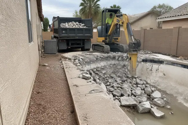 Heavy machinery breaking up concrete in a narrow side yard during a pool removal in Mesa, AZ.