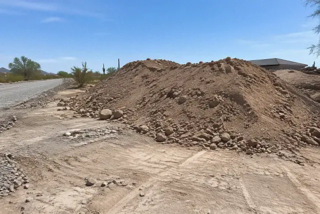 Freshly dumped fill dirt pile at a roadside job site in Mesa, AZ.
