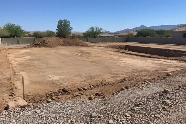 Compacted building pad for drainage excavation at a residential site in Mesa, AZ.