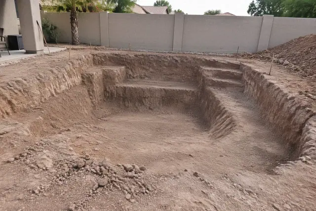 New inground pool excavation in a Mesa, AZ backyard with caliche clay soil and tiered depths.