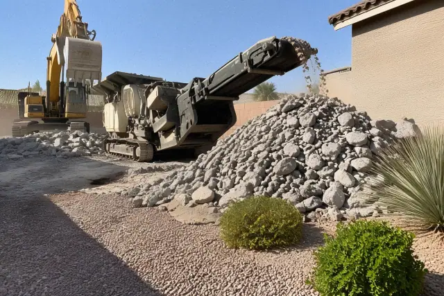 Crushing machinery processing concrete demolition rubble next to a stucco wall in Mesa, AZ.