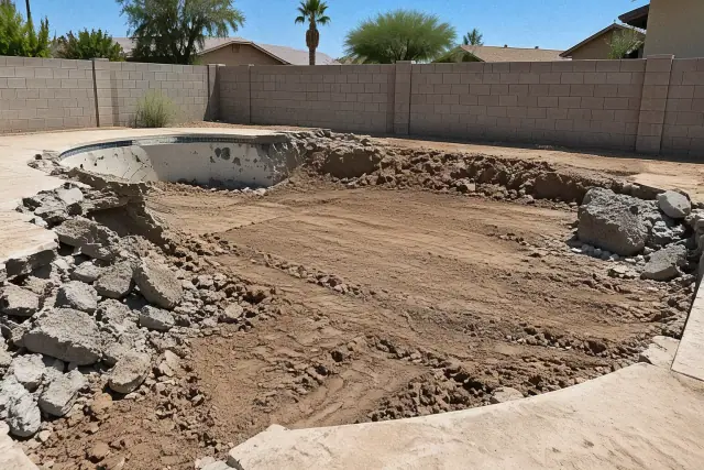 Partial pool removal and fill-in work in progress at a residential jobsite in Mesa, AZ.