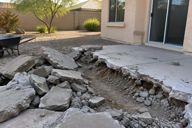 Patio concrete removal and broken slab debris in a backyard in Mesa, AZ.