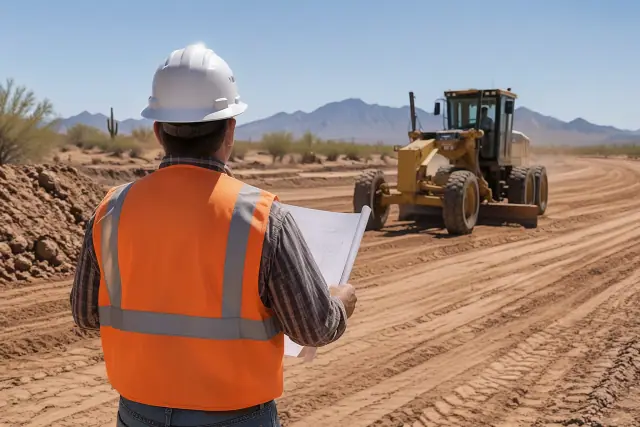 Excavation professional working on a caliche clay jobsite with a motor grader in Mesa, AZ.