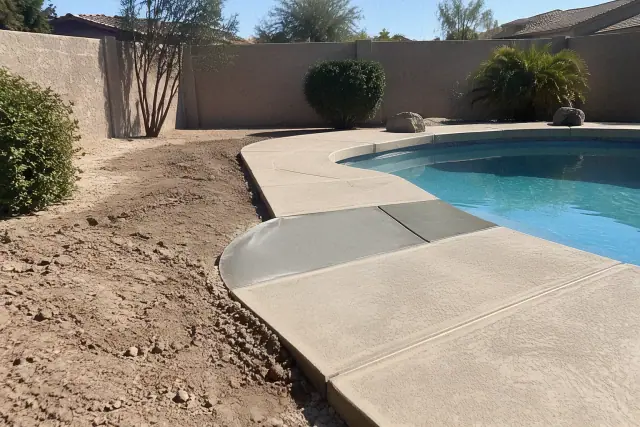Freshly poured concrete and graded soil for pool drainage restoration in Mesa, AZ.