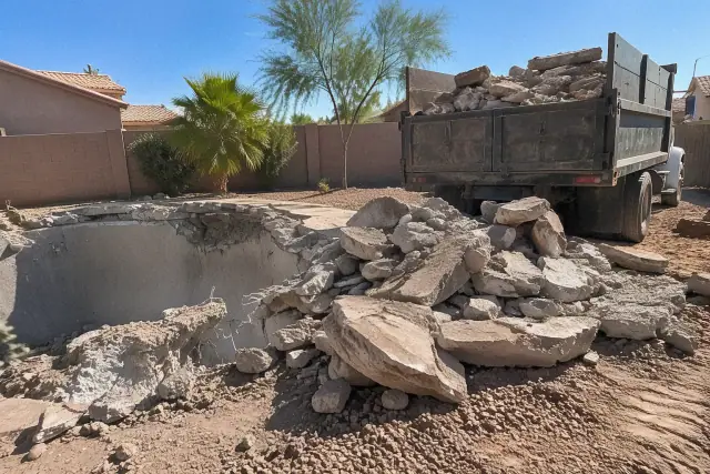 Pool debris removal and hauling for a residential demolition job in Mesa, AZ.
