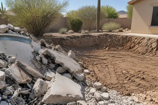Fractured concrete pool fragments and backfilled earth pit during a residential pool demolition in Mesa, AZ.