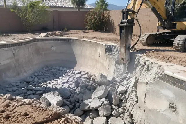Hydraulic breaker pulverizing a concrete pool shell during pool demolition in San Tan Valley, AZ.