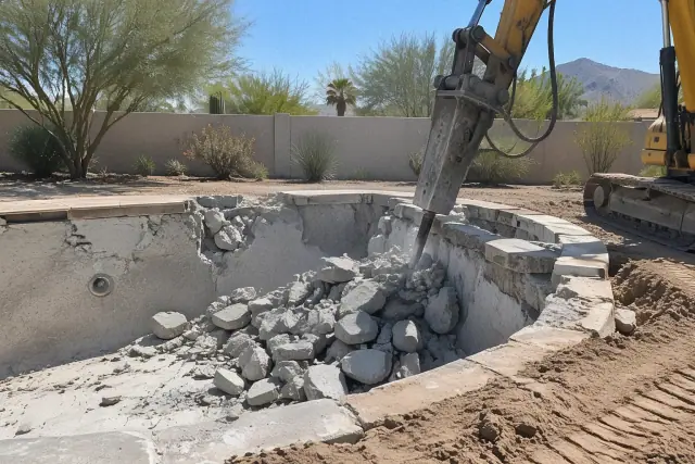 Hydraulic breaker demolishing an inground pool in a Paradise Valley, AZ backyard.