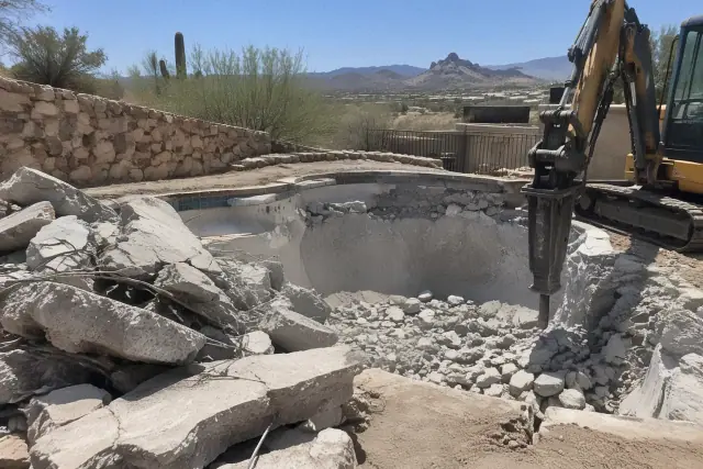 Fragmented concrete slabs stacked beside an empty pool basin in Fountain Hills, AZ.