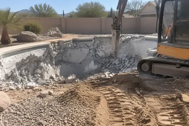 Hydraulic breaker demolishing an empty concrete pool during excavation in Phoenix, AZ.