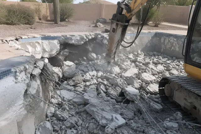 Hydraulic breaker demolishing an inground swimming pool in Scottsdale, AZ.