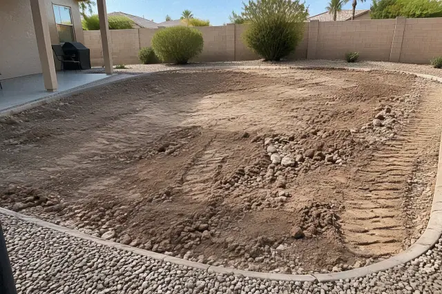 Completed pool demolition and backfill grading in a residential backyard in Tempe, AZ.