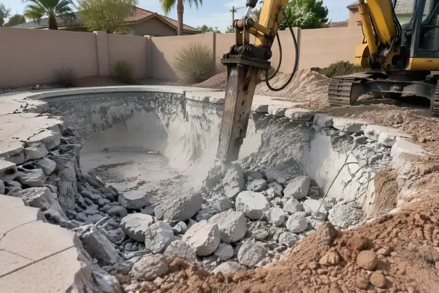 Hydraulic breaker demolishing an inground concrete pool in a Mesa, AZ backyard.