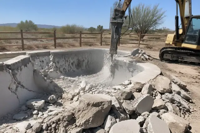 Excavator breaking concrete during a backyard pool demolition project in Gilbert, AZ.