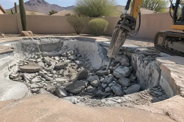 Fractured concrete pool shell and demolition debris in an excavated backyard in Apache Junction, AZ.