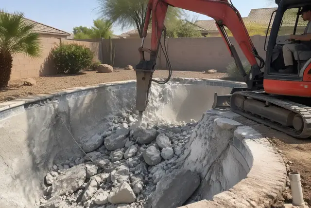 Mini excavator with a hydraulic breaker demolishing a pool in Chandler, AZ.