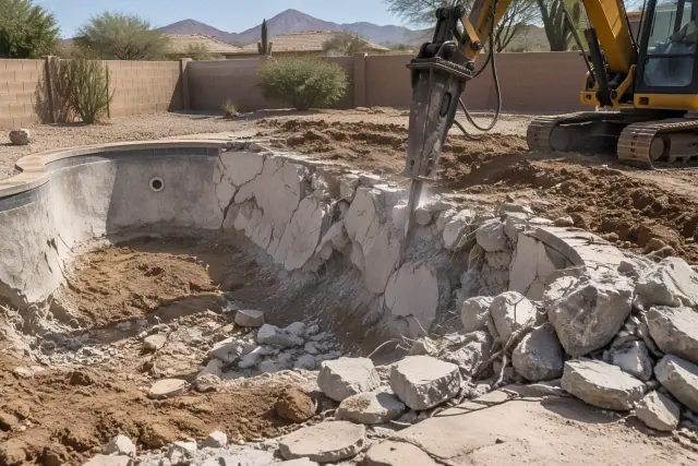 Hydraulic breaker demolishing an inground swimming pool in Queen Creek, AZ.