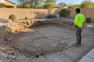 Service professional observing a cleared backyard in Mesa, AZ.