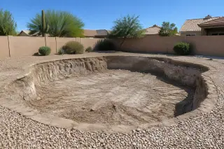 Wide landscape view of a cleared backyard with desert gravel and stucco wall in Mesa, AZ.