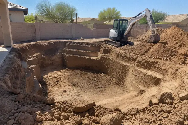 Compact excavator digging backyard pool contours in Queen Creek, AZ.