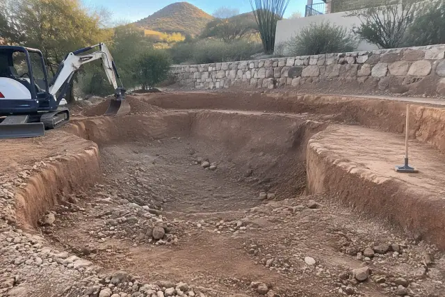 Compact excavator digging deep and shallow zones for a backyard pool in Paradise Valley, AZ.