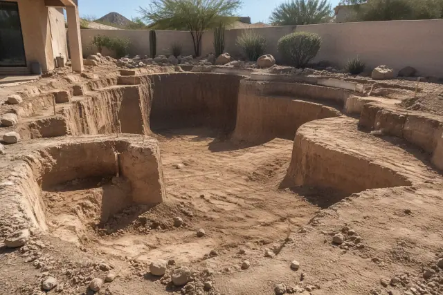 Freshly excavated backyard pool basin with sculpted earth and retaining wall in Scottsdale, AZ.