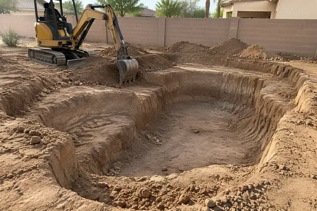 Compact excavator digging a residential backyard pool in Chandler, AZ.