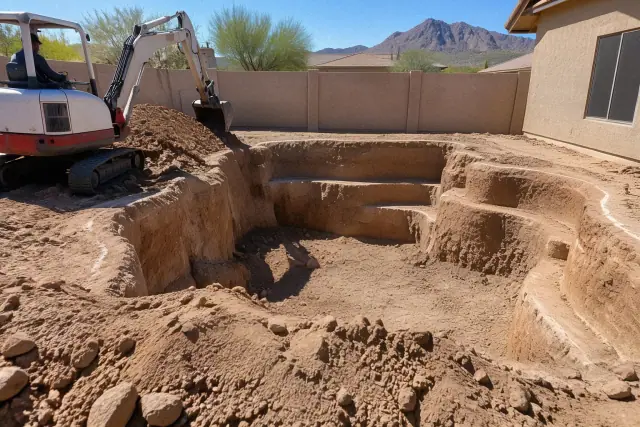 Compact excavator digging a backyard pool in Apache Junction, AZ, showing raw soil contours and desert sand.