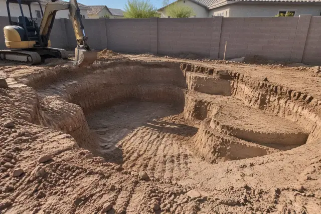 Compact excavator carving deep and shallow zones for a pool in Gilbert, AZ.